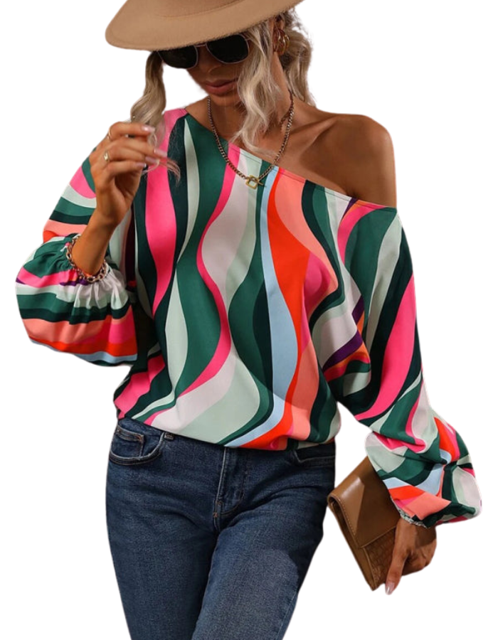 SHOPIQAT Women's Alphabet Print One Shoulder Loose Balloon Sleeve Top - Premium from shopiqat - Just $7.250! Shop now at shopiqat